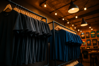 A mom and pop t shirt shop. fun vibes. Most of et shirts are black, grey or navy. Shows shirt changing up on racks at a cool angle and view. 